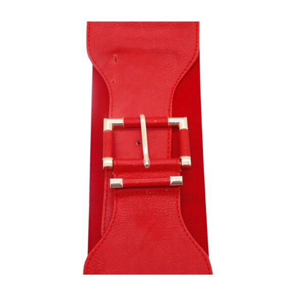 New Women Red Elastic Wide Fashion Belt Hip High Waist Gold Square Buckle S M - Picture 13 of 16